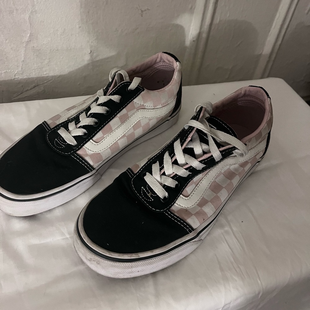 Black and pink checkered Vans